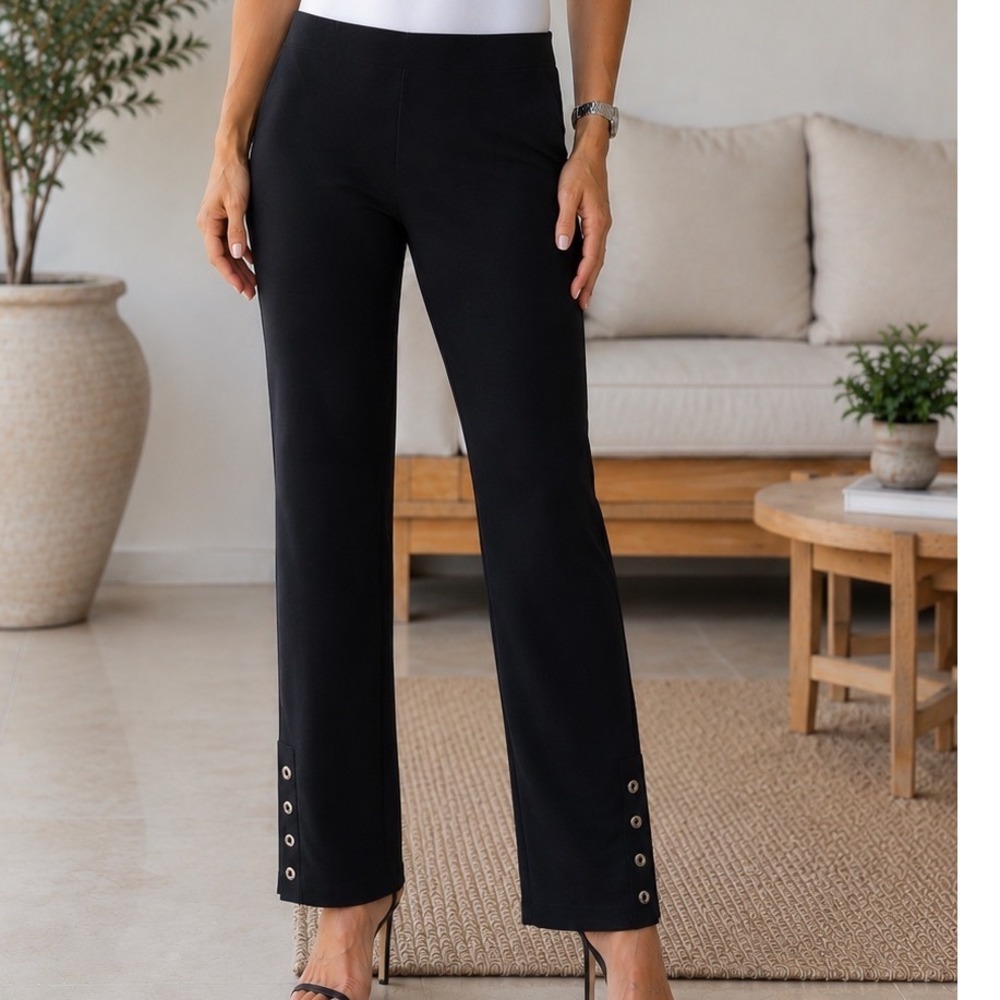 Cache Black Straight‎ Leg Pants Rhinestone Grommet Hem Pull On Trousers Medium